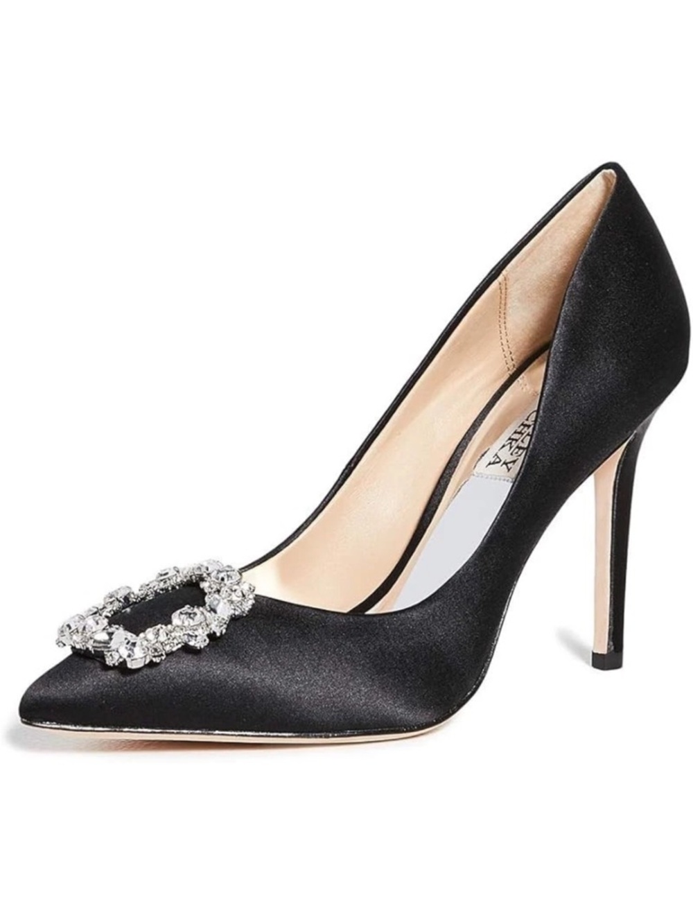 Badgley Mischka Cher Stiletto Pointy Toe Pump Black Satin Crystal Brooch 5.5